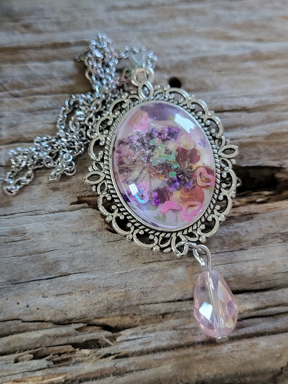 Delicate Filigree Dried Flowers Under Glass Cabachon